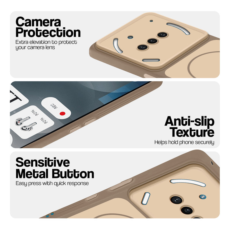 Brown Phone case for Nothing Phone 3A 5G highlighting raised camera protection, anti-slip texture, and responsive side buttons