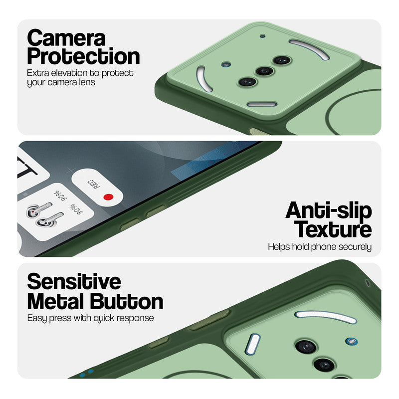 Green Phone case for Nothing Phone 3A 5G highlighting raised camera protection, anti-slip texture, and responsive side buttons
