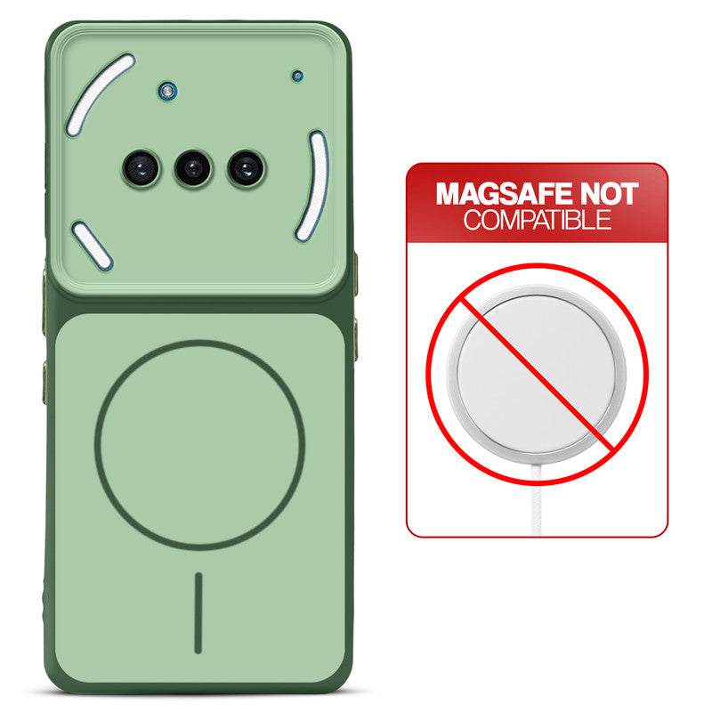 Dual tone silicone Green phone cover for Nothing Phone 3A 5G showing wireless charging not supported notice