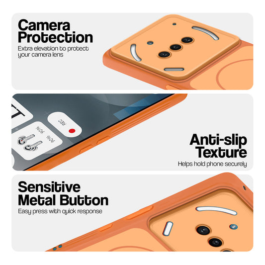 Orange Phone case for Nothing Phone 3A 5G highlighting raised camera protection, anti-slip texture, and responsive side buttons