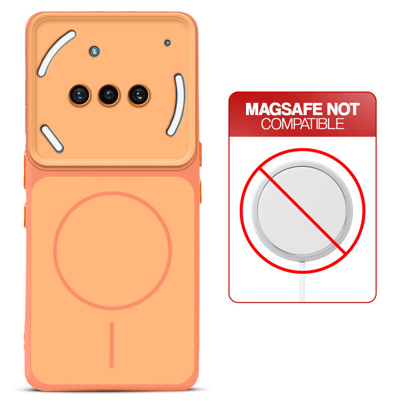 Dual tone silicone Orange phone cover for Nothing Phone 3A 5G showing wireless charging not supported notice
