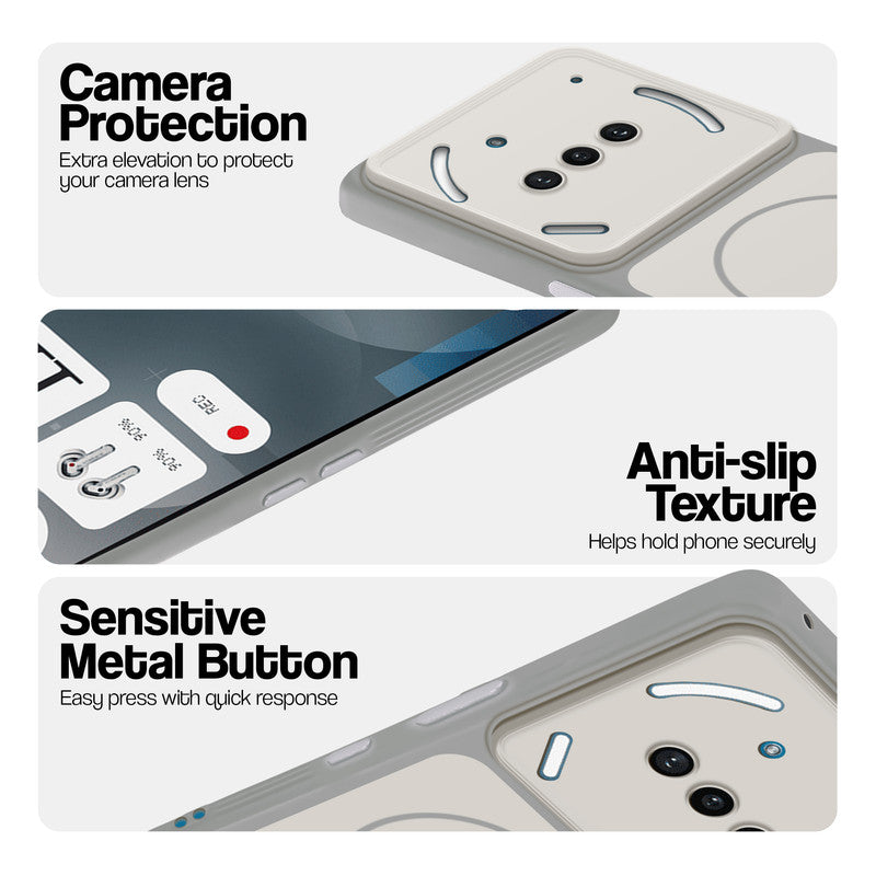 White Phone case for Nothing Phone 3A 5G highlighting raised camera protection, anti-slip texture, and responsive side buttons