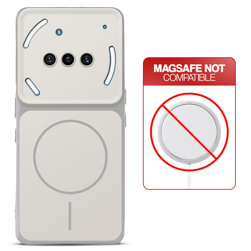 Dual tone silicone White phone cover for Nothing Phone 3A 5G showing wireless charging not supported notice