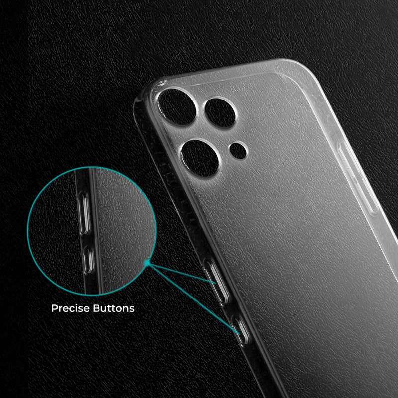 Close-up view of transparent case showing precise button cutouts and responsive side button coverage for Nothing Phone 3A Lite 5G