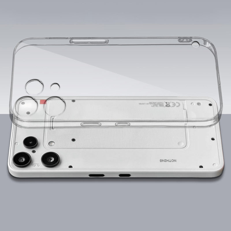 Transparent hard back case being installed on Nothing Phone 3A Lite 5G showing perfect alignment and camera protection fit