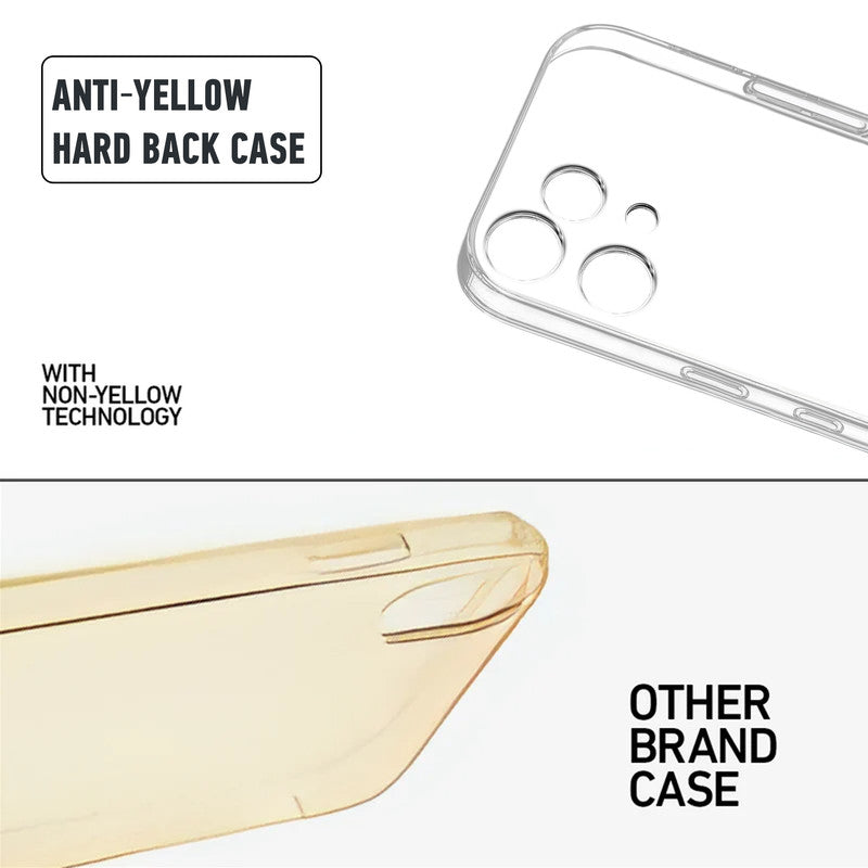 Anti-yellow hard back case comparison showing clear non-yellowing technology versus yellowed other brand case for Nothing Phone 3A Lite 5G