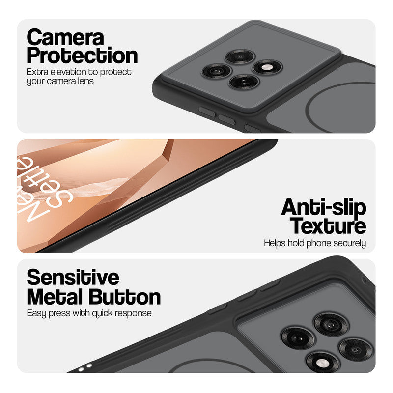 Black Phone case for OnePlus 13R 5G highlighting raised camera protection, anti-slip texture, and responsive side buttons