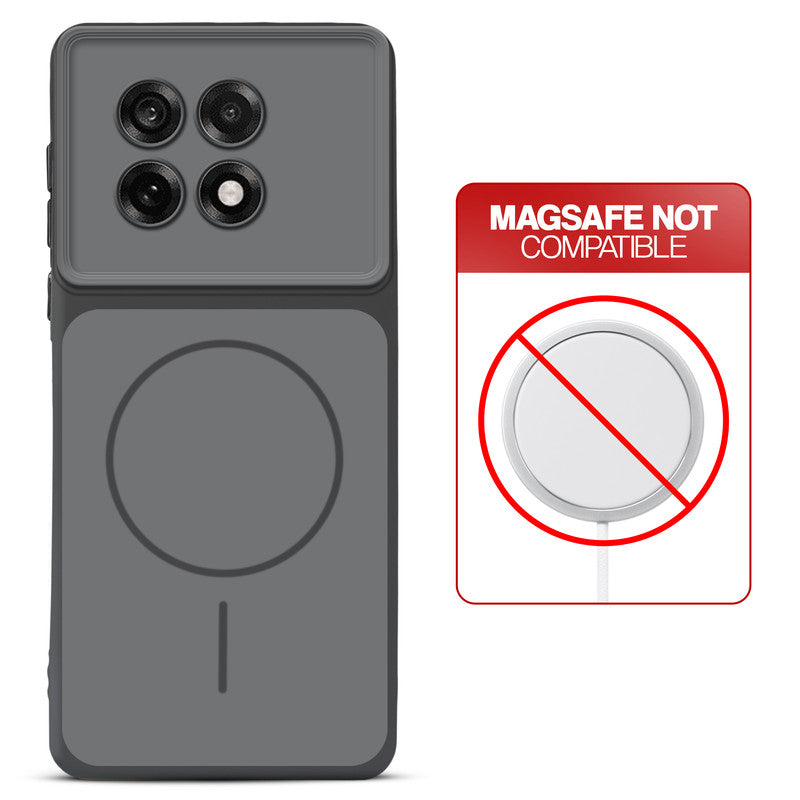 Dual tone silicone Black phone cover for OnePlus 13R 5G showing wireless charging not supported notice