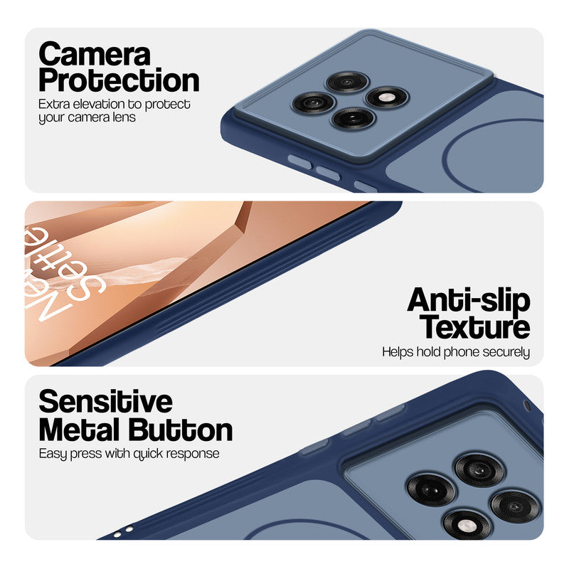 Blue Phone case for OnePlus 13R 5G highlighting raised camera protection, anti-slip texture, and responsive side buttons