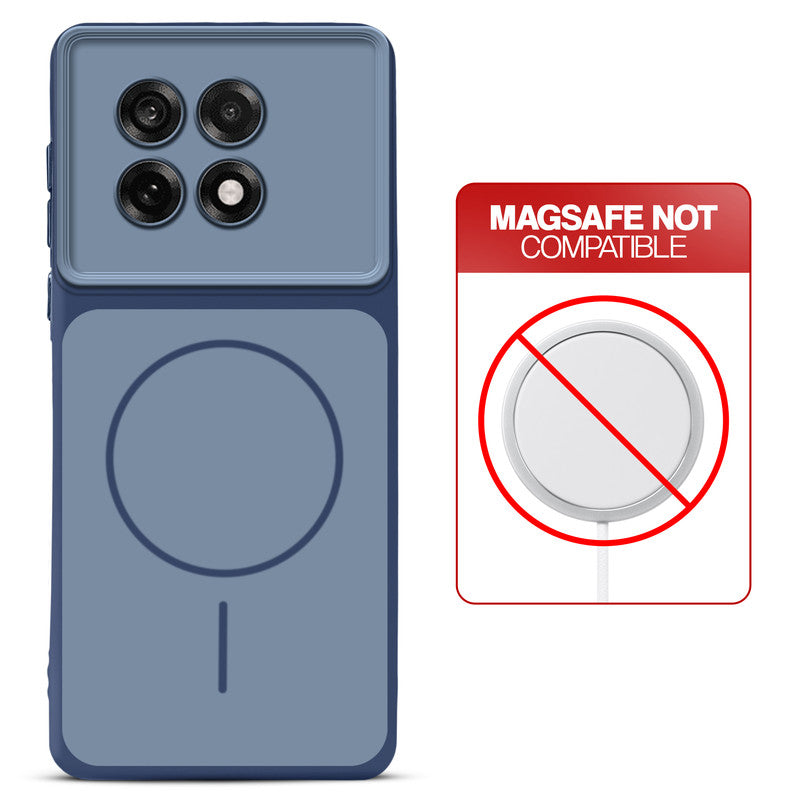 Dual tone silicone Blue phone cover for OnePlus 13R 5G showing wireless charging not supported notice