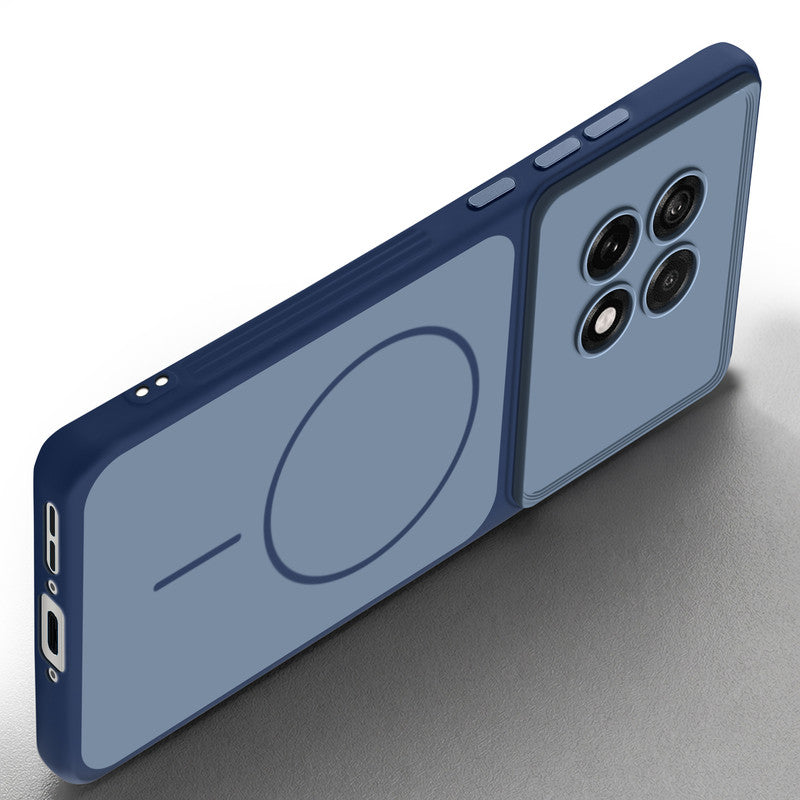 Slim silicone Blue phone case for OnePlus 13R 5G side angle view showing grip texture and precise cutouts