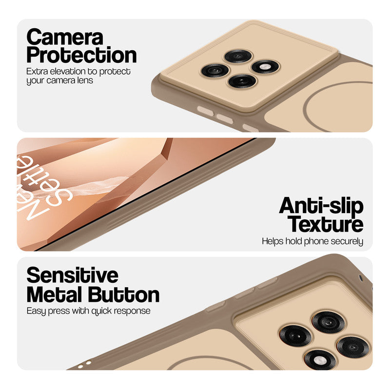 Brown Phone case for OnePlus 13R 5G highlighting raised camera protection, anti-slip texture, and responsive side buttons