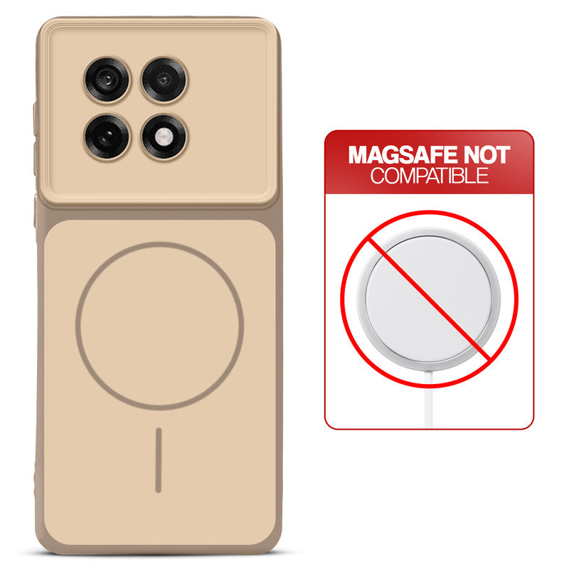 Dual tone silicone Brown phone cover for OnePlus 13R 5G showing wireless charging not supported notice