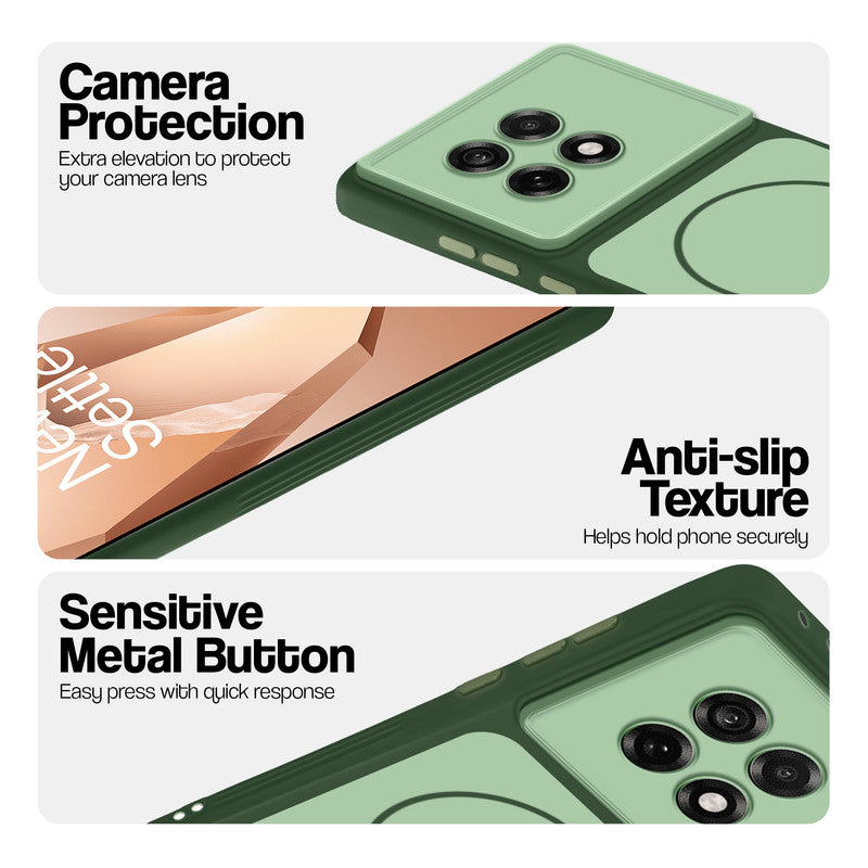 Green Phone case for OnePlus 13R 5G highlighting raised camera protection, anti-slip texture, and responsive side buttons