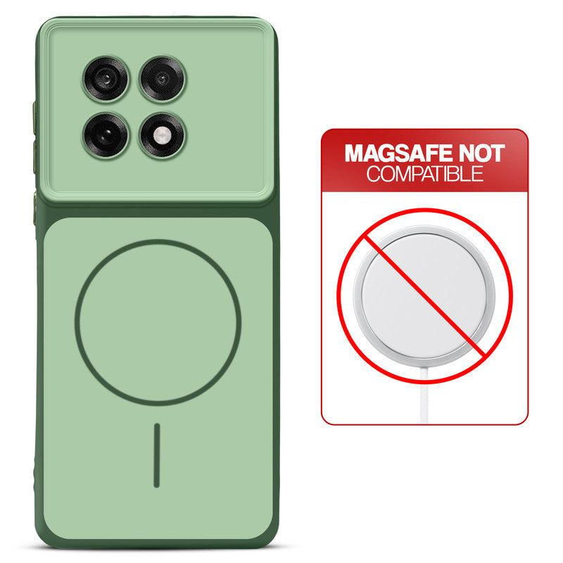 Dual tone silicone Green phone cover for OnePlus 13R 5G showing wireless charging not supported notice