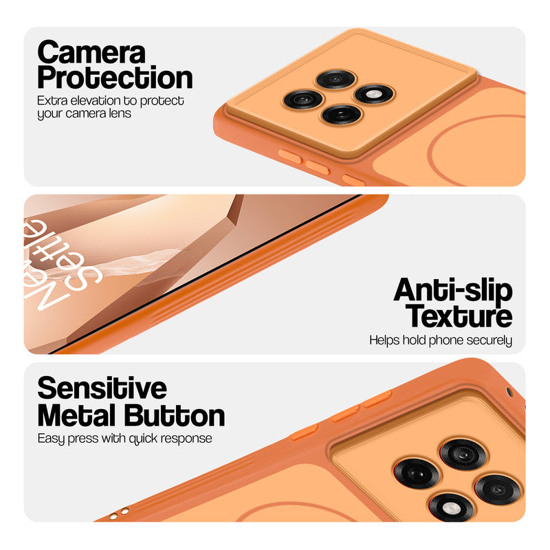 Orange Phone case for OnePlus 13R 5G highlighting raised camera protection, anti-slip texture, and responsive side buttons