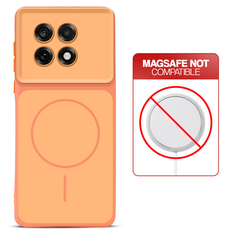 Dual tone silicone Orange phone cover for OnePlus 13R 5G showing wireless charging not supported notice
