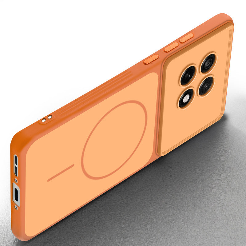 Slim silicone Orange phone case for OnePlus 13R 5G side angle view showing grip texture and precise cutouts