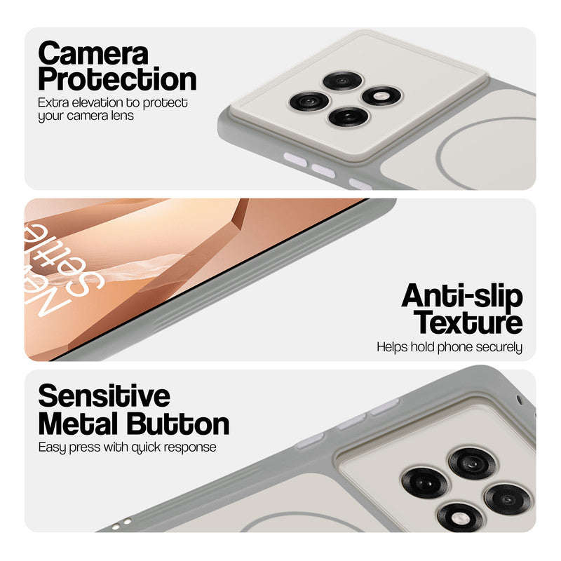 White Phone case for OnePlus 13R 5G highlighting raised camera protection, anti-slip texture, and responsive side buttons