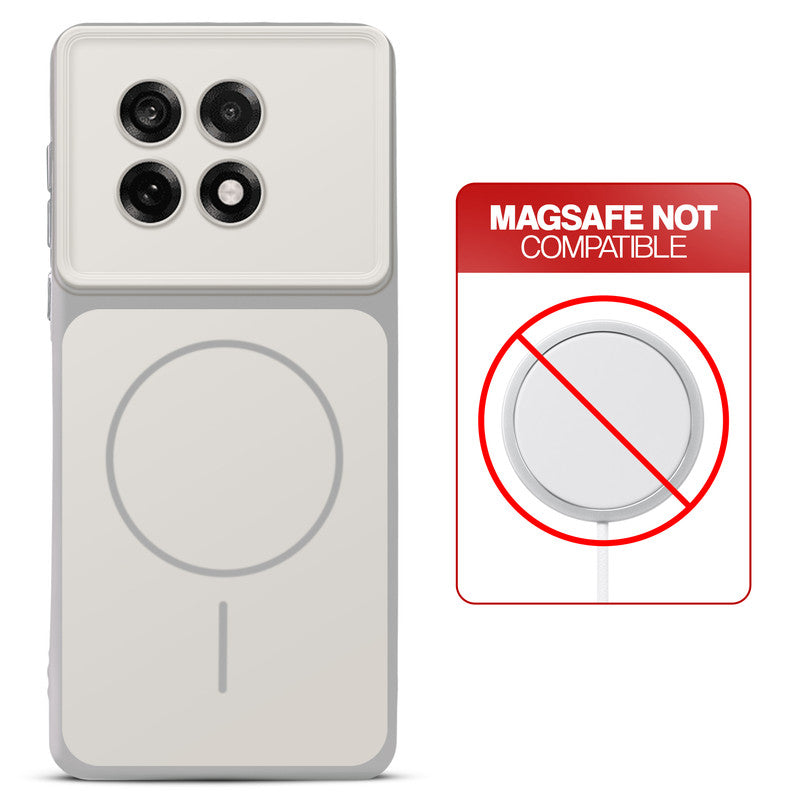 Dual tone silicone White phone cover for OnePlus 13R 5G showing wireless charging not supported notice