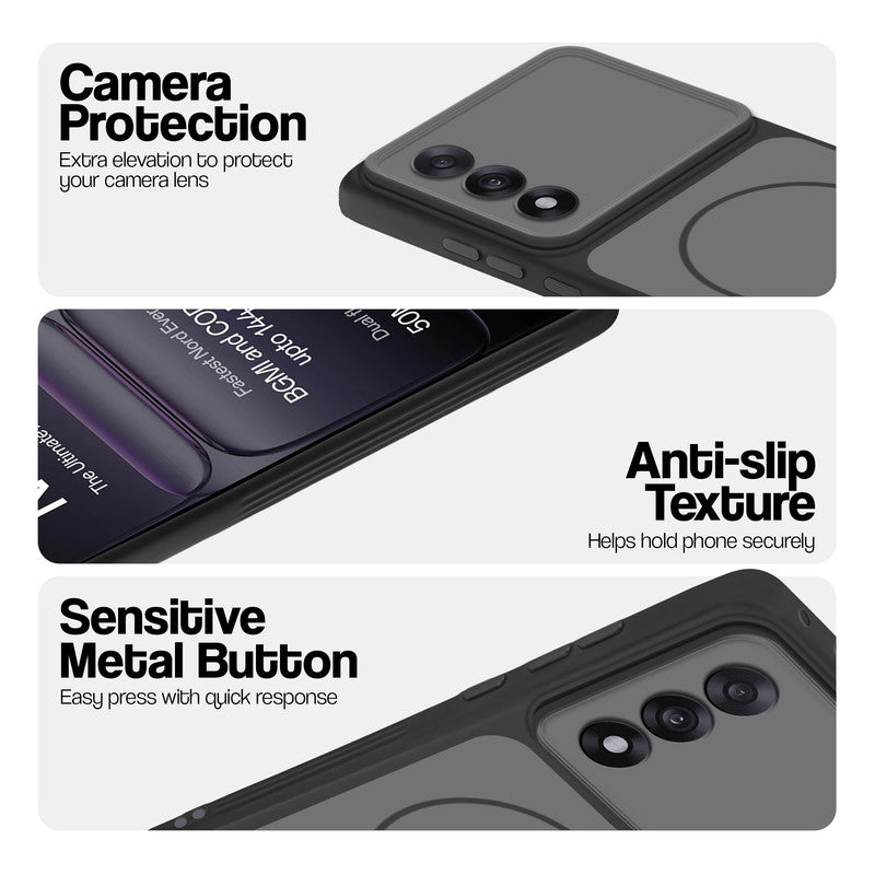 Black Phone case for OnePlus Nord 5 5G highlighting raised camera protection, anti-slip texture, and responsive side buttons