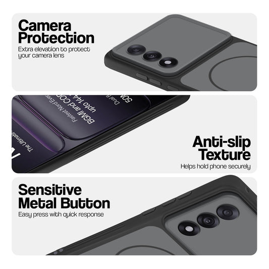 Black Phone case for OnePlus Nord 5 5G highlighting raised camera protection, anti-slip texture, and responsive side buttons
