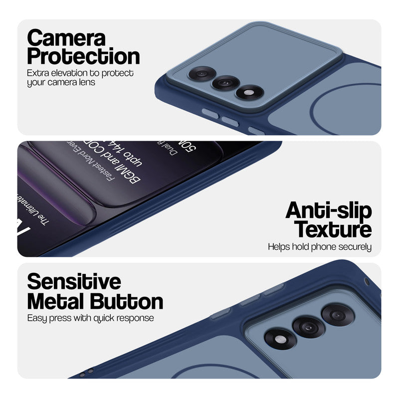 Blue Phone case for OnePlus Nord 5 5G highlighting raised camera protection, anti-slip texture, and responsive side buttons