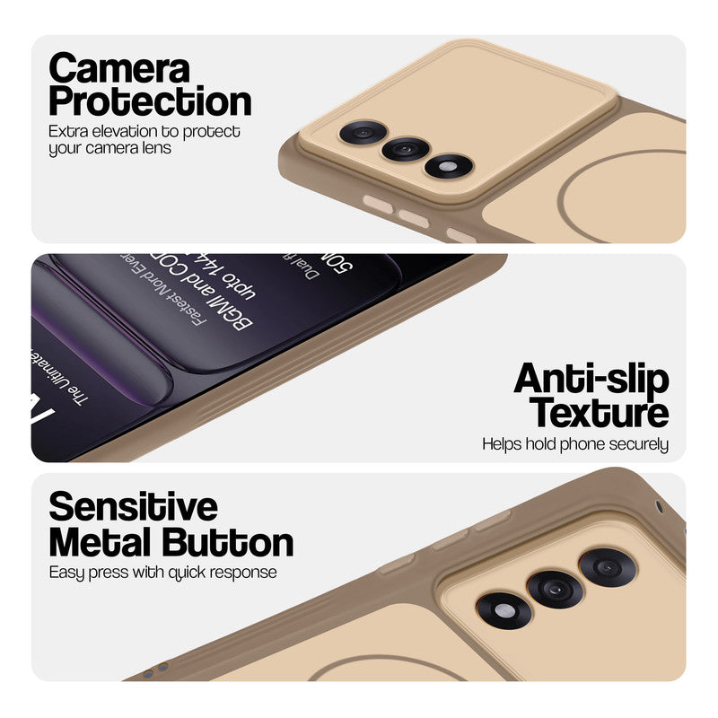 Brown Phone case for OnePlus Nord 5 5G highlighting raised camera protection, anti-slip texture, and responsive side buttons
