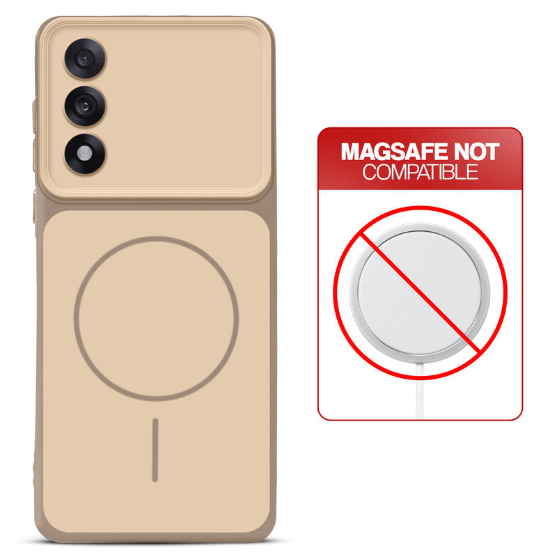 Dual tone silicone Brown phone cover for OnePlus Nord 5 5G showing wireless charging not supported notice