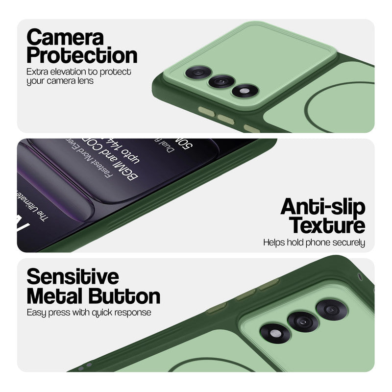 Green Phone case for OnePlus Nord 5 5G highlighting raised camera protection, anti-slip texture, and responsive side buttons