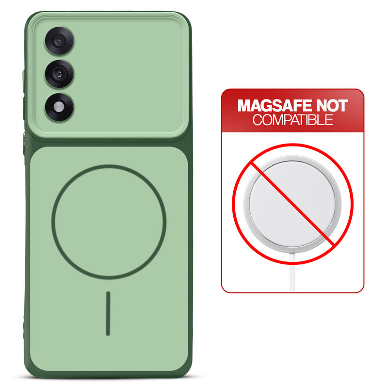 Dual tone silicone Green phone cover for OnePlus Nord 5 5G showing wireless charging not supported notice