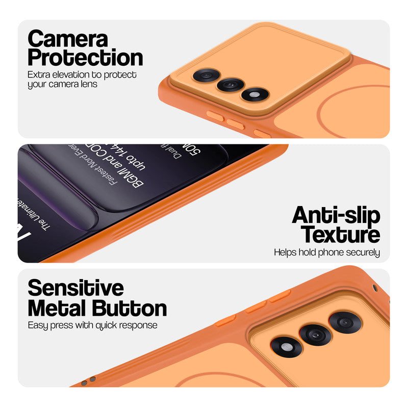 Orange Phone case for OnePlus Nord 5 5G highlighting raised camera protection, anti-slip texture, and responsive side buttons