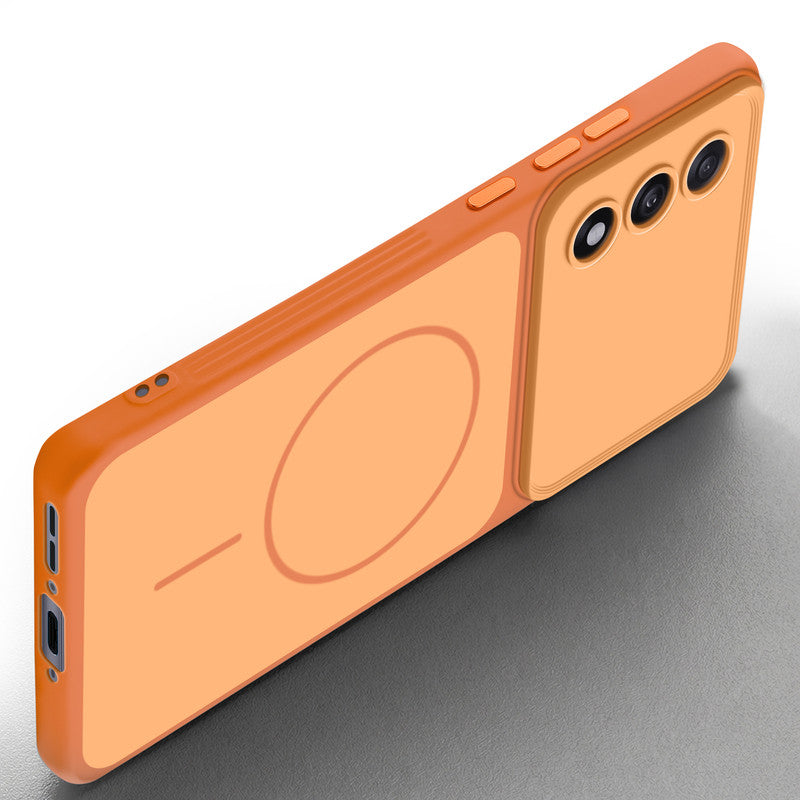 Slim silicone Orange phone case for OnePlus Nord 5 5G side angle view showing grip texture and precise cutouts