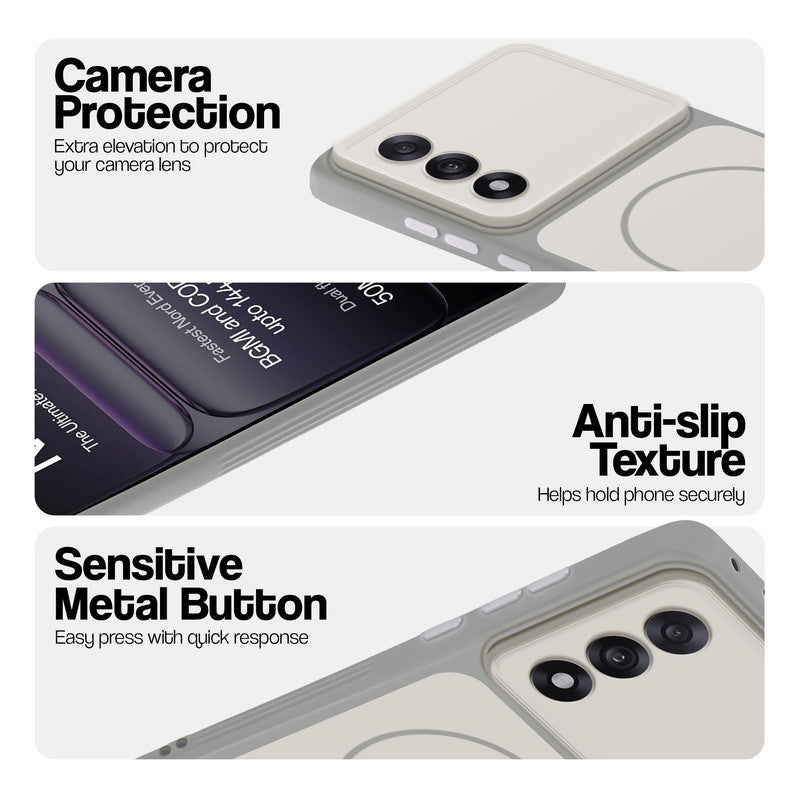 White Phone case for OnePlus Nord 5 5G highlighting raised camera protection, anti-slip texture, and responsive side buttons