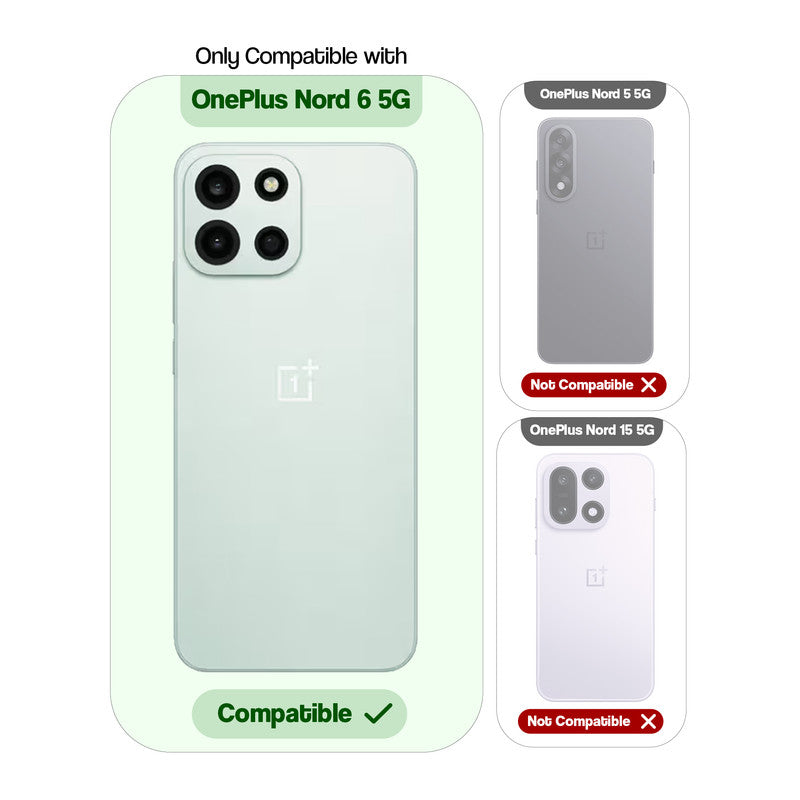 Compatibility guide showing the back cover designed only for OnePlus Nord 6 5G.