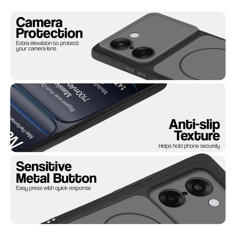 Black Phone case for OnePlus Nord CE 5 5G highlighting raised camera protection, anti-slip texture, and responsive side buttons