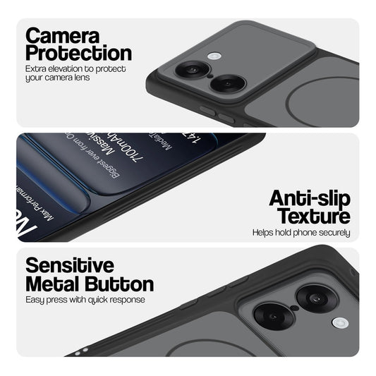 Black Phone case for OnePlus Nord CE 5 5G highlighting raised camera protection, anti-slip texture, and responsive side buttons