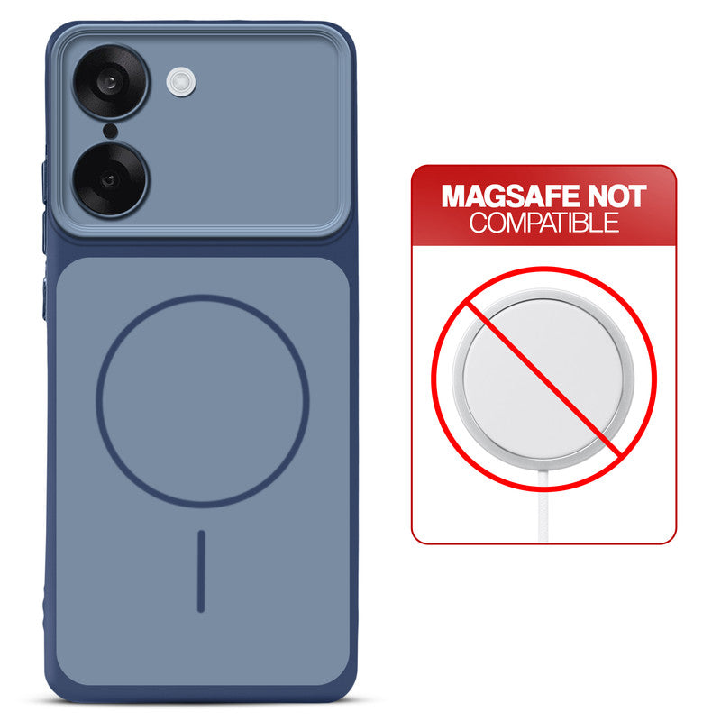 Dual tone silicone Blue phone cover for OnePlus Nord CE 5 5G showing wireless charging not supported notice