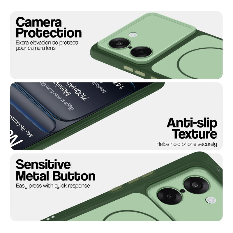 Green Phone case for OnePlus Nord CE 5 5G highlighting raised camera protection, anti-slip texture, and responsive side buttons