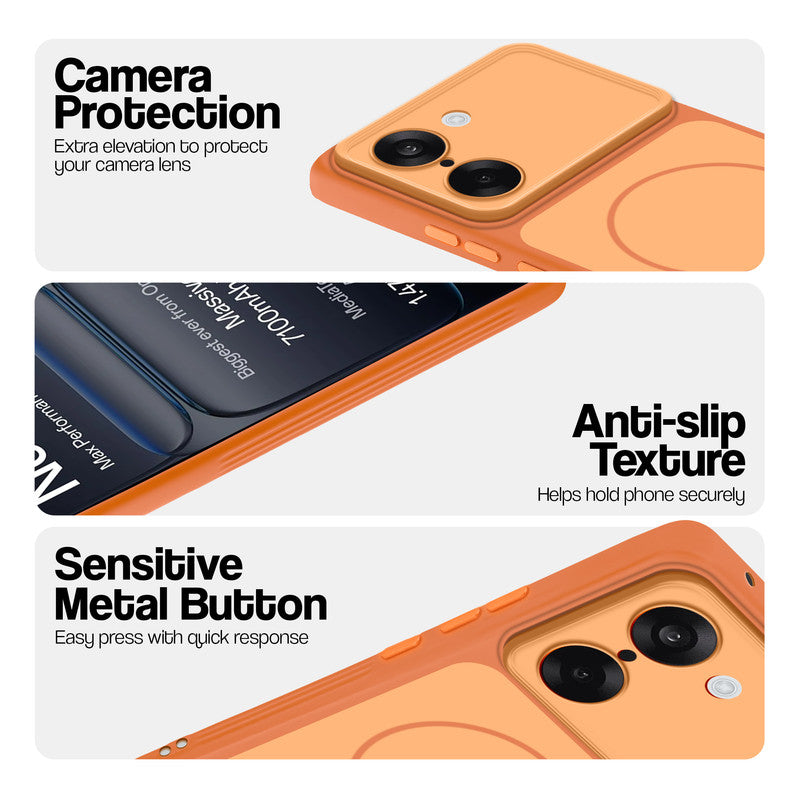 Orange Phone case for OnePlus Nord CE 5 5G highlighting raised camera protection, anti-slip texture, and responsive side buttons