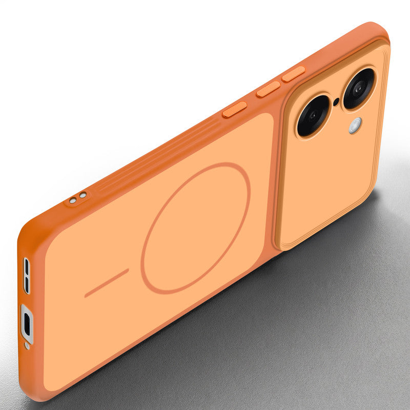 Slim silicone Orange phone case for OnePlus Nord CE 5 5G side angle view showing grip texture and precise cutouts
