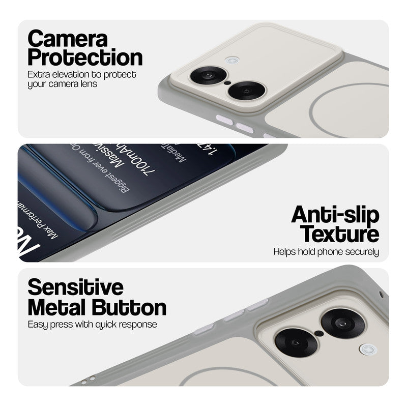 White Phone case for OnePlus Nord CE 5 5G highlighting raised camera protection, anti-slip texture, and responsive side buttons