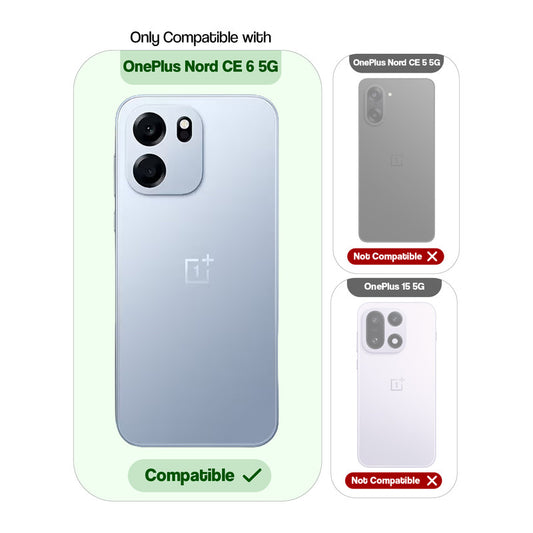 Clear hard back case compatibility guide showing fit for OnePlus Nord CE 6 5G and not compatible with other models