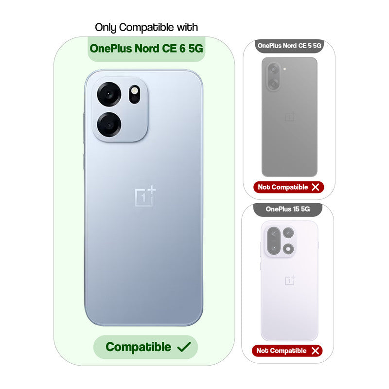 Compatibility guide showing the back cover designed only for OnePlus Nord CE 6 5G.