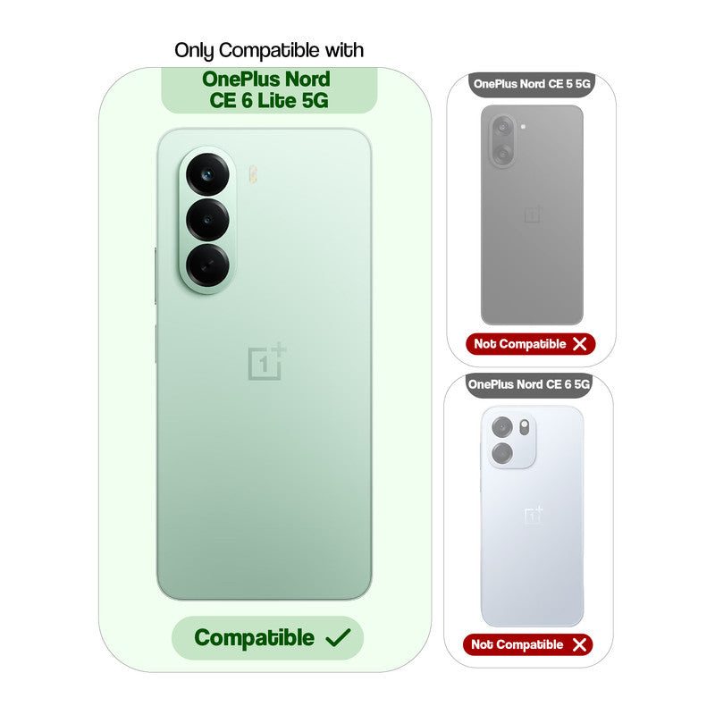 Clear hard back case compatibility guide showing fit for OnePlus Nord CE 6 Lite 5G and not compatible with other models