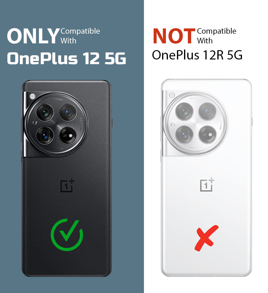 Clear hard back case compatibility guide showing fit for OnePlus 12 5G and not compatible with other models