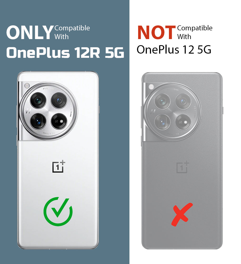 Clear hard back case compatibility guide showing fit for OnePlus 12R 5G and not compatible with other models