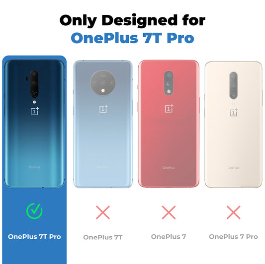 Clear hard back case compatibility guide showing fit for OnePlus 7T Pro and not compatible with other models