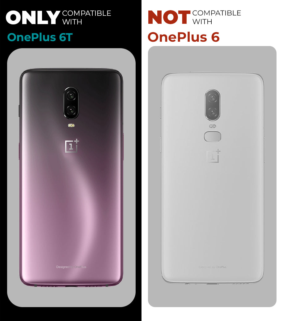 Clear hard back case compatibility guide showing fit for OnePlus 6T and not compatible with other models