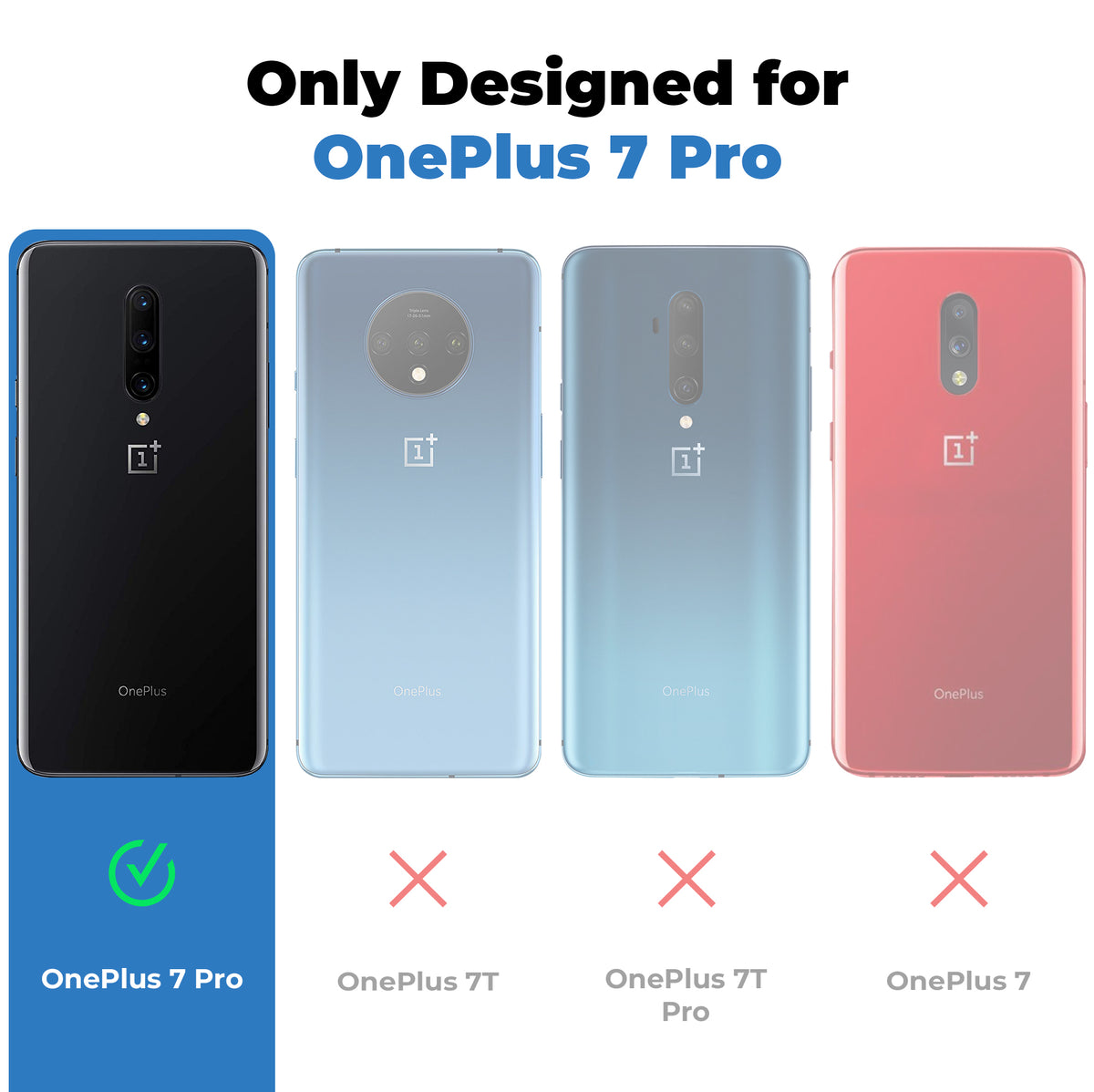 Clear hard back case compatibility guide showing fit for OnePlus 7 Pro and not compatible with other models